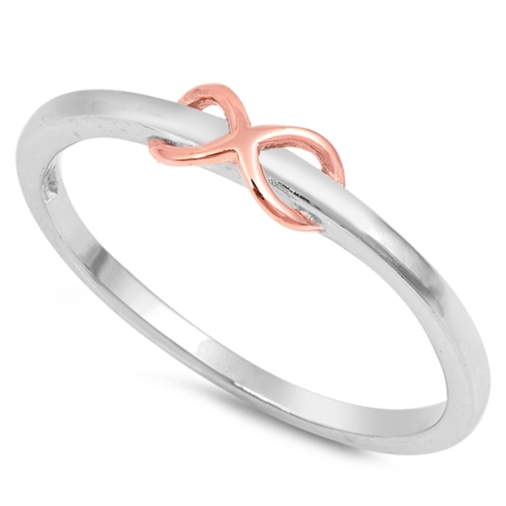Style: 3D Raised Infinity Eternity Symbol  Metal quality: .925 Sterling Silver with stamped hallmark  Color: Rose Gold, Silver  Stones: None  Stackable: Yes  Wear as: Midi, Thumb, Knuckle, Regular ring  Face height: 4 mm high  Band width: 2 mm band  Ladies ring size: 2-10  Packaging: Comes in a pretty gift box  Made in the USA