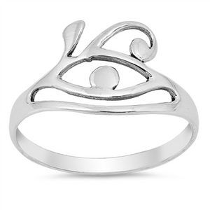 Style: Art Deco Eyeball and Eyebrow  Metal quality: .925 Sterling Silver with stamped hallmark  Color: Silver  Stones: None  Stackable: Yes  Wear as: Midi, Thumb, Knuckle, Regular ring  Face height: 12 mm high  Band width: 2 mm  Ladies ring size: 4-10  Packaging: Comes in a pretty gift box  Made in the USA