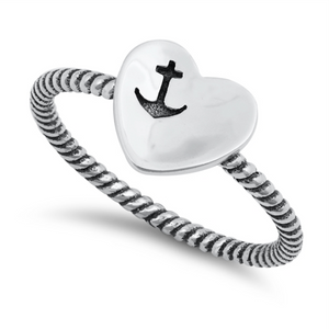 Style: Large heart with anchor engraved on it  Metal quality: .925 Sterling Silver with stamped hallmark  Color: Silver  Stones: None  Stackable: No  Wear as: Midi, Thumb, Knuckle, Regular ring  Face height: 8 mm high  Band width: 2 mm cable band  Ladies ring size: 4-10  Packaging: Comes in a pretty gift box  Made in the USA