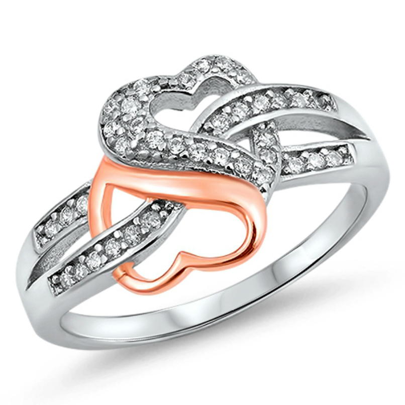 Womens Two Tone Rose Gold and Silver Double Heart ring for every day glamour