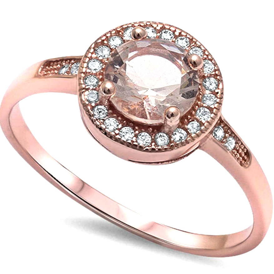 Womens rose gold and pink morganite halo solitaire ring