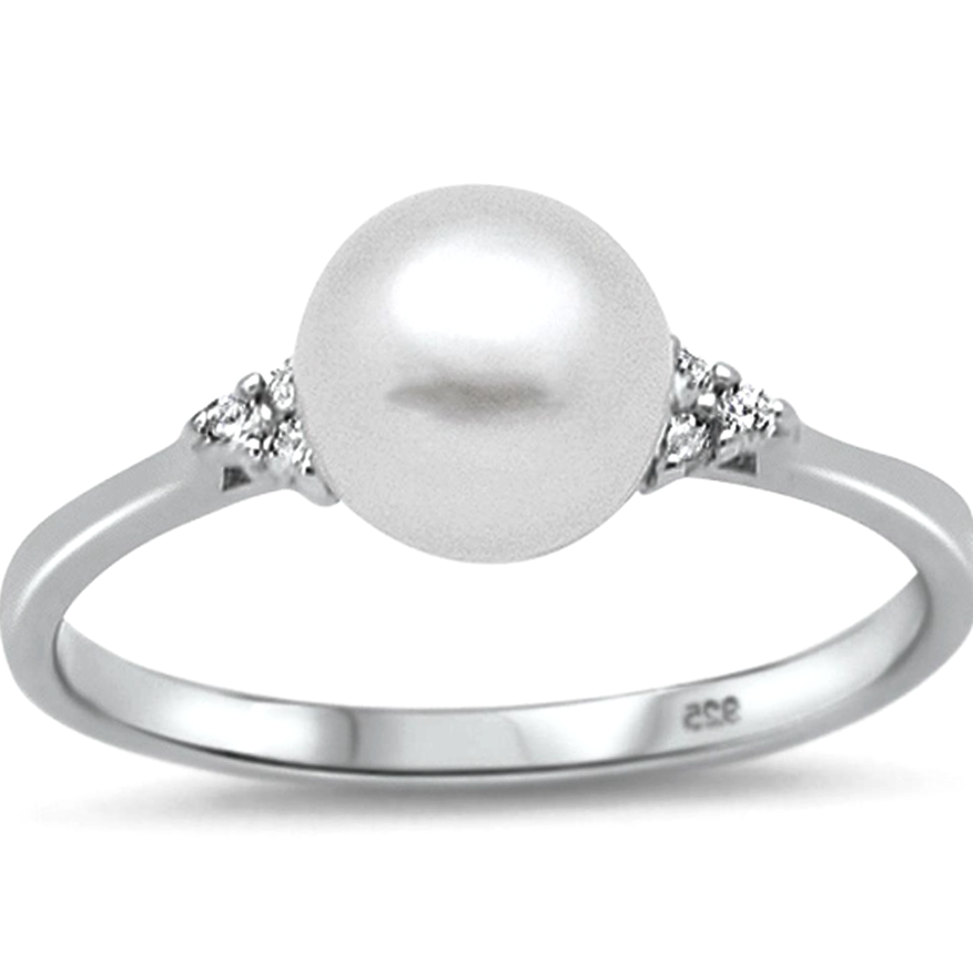 Womens White Pearl solitaire ring in sterling silver