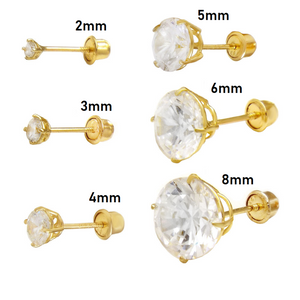 14K Yellow Gold Round Cut CZ Stud Earrings 2mm-8mm Screw Back Casting Setting Ladies Mens Baby Kids
