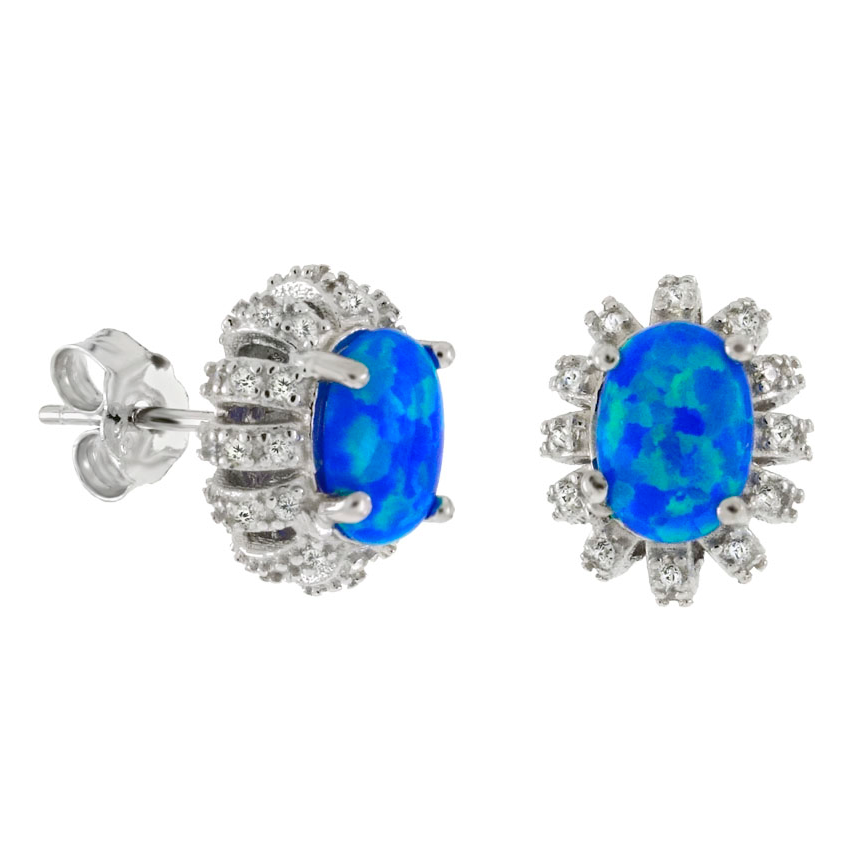.925 Sterling Silver Blue Fire Opal Ladies Cluster CZ Stud Earrings