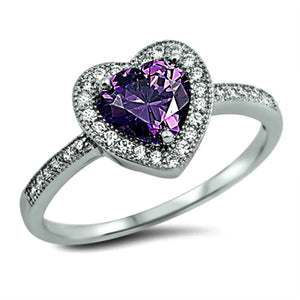 Womens amethyst halo solitaie heart ring