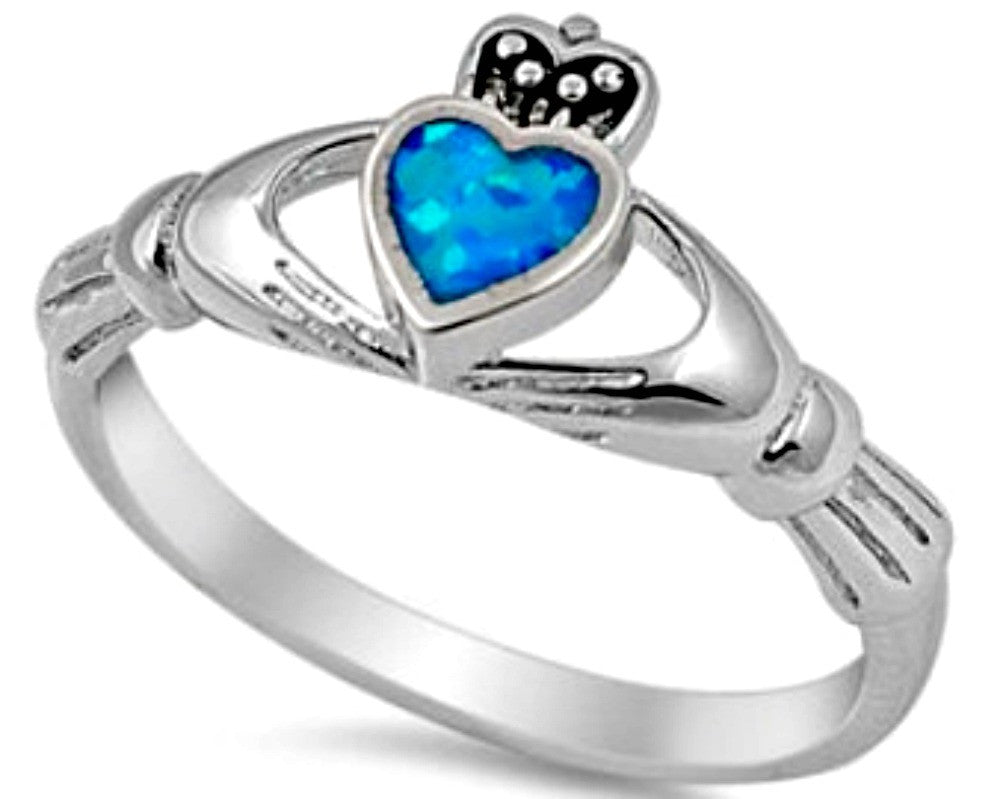 Womans and girls blue fire opal heart cut ring in sterling silver