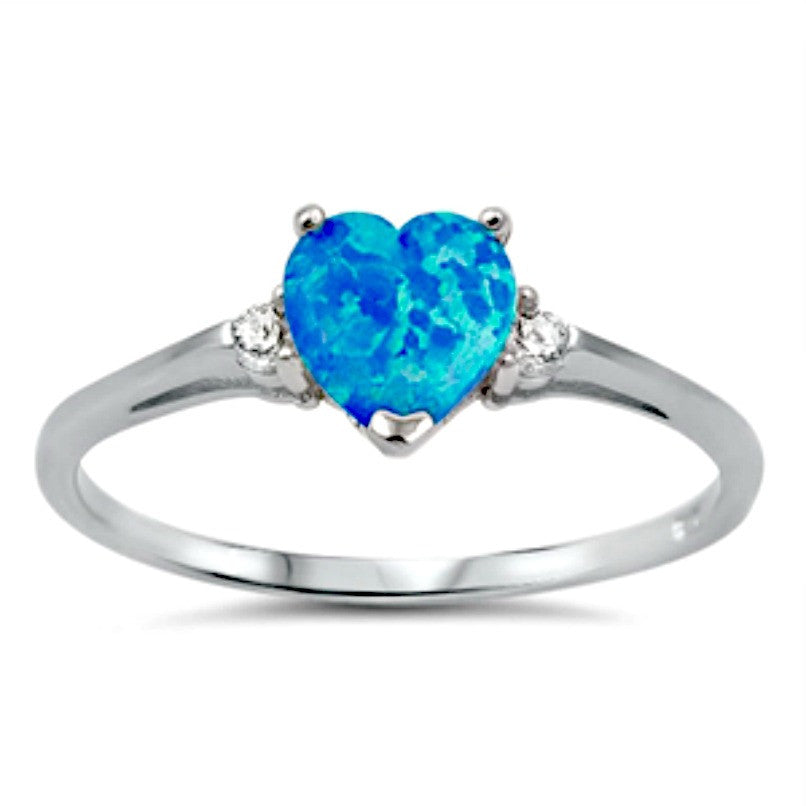 .925 Sterling Silver Blue Opal Heart Ring Ladies and Kids size 4-12 Midi