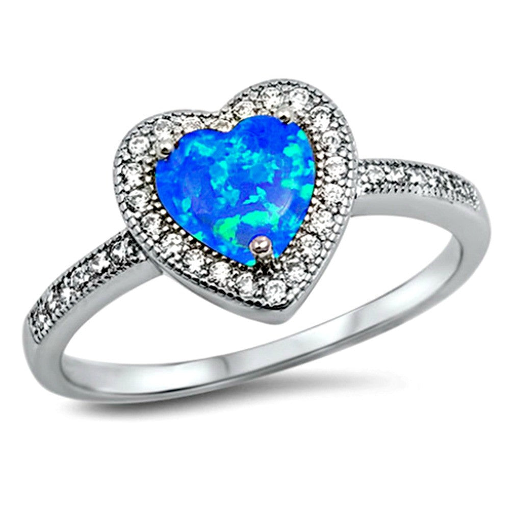 .925 Sterling Silver Halo Blue Fire Opal Heart Engagement Ladies Ring size 4-10