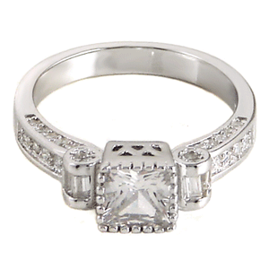 Sterling Silver 1.25 carat Princess cut and Round Cut CZ Antique Reproduction Engagement Ring Size 5-9