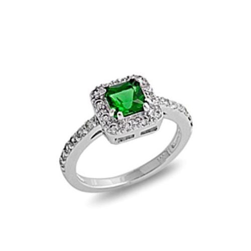 Sterling Silver Halo Green Emerald CZ Princess Cut Engagement Ring size 5-10 - Blades and Bling Sterling Silver Jewelry