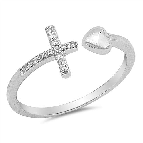 Womens and girls sideways cross and heart wrap ring