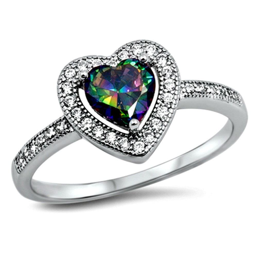 Womans gorgeous rainbow heart cut solitaire ring in sterling silver