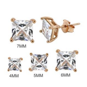 Simulated diamond square cut stud earrings in rose gold size chart 3mm thru 8mm