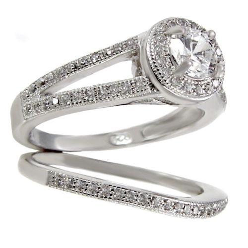 Sterling Silver Wedding Ring Set with Halo CZ Engagement ring and Band