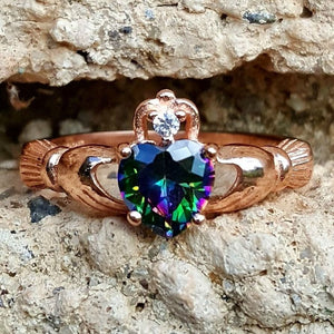 .925 Sterling Silver Rose Gold Rainbow Mystic Topaz Claddagh Ring Size 4-10 Ladies and Girls