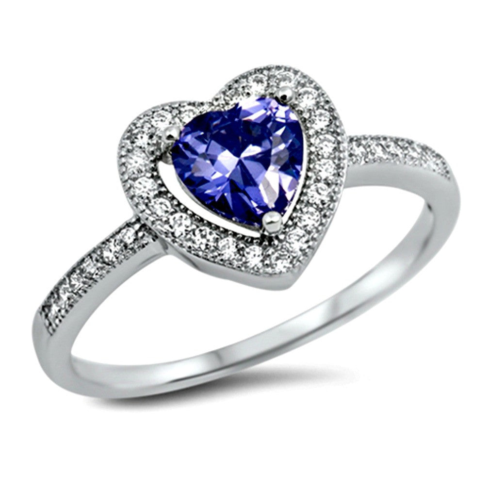 .925 Sterling Silver Tanzanite Halo Heart Engagement Ring Ladies size 4-10