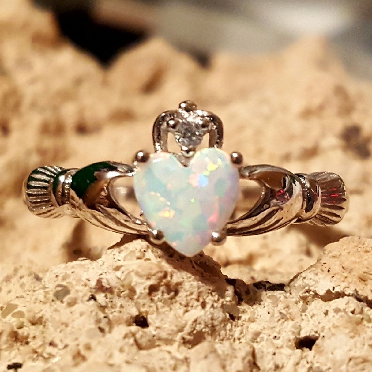 .925 Sterling Silver White Opal Heart Claddagh Ring Sizes 3-13