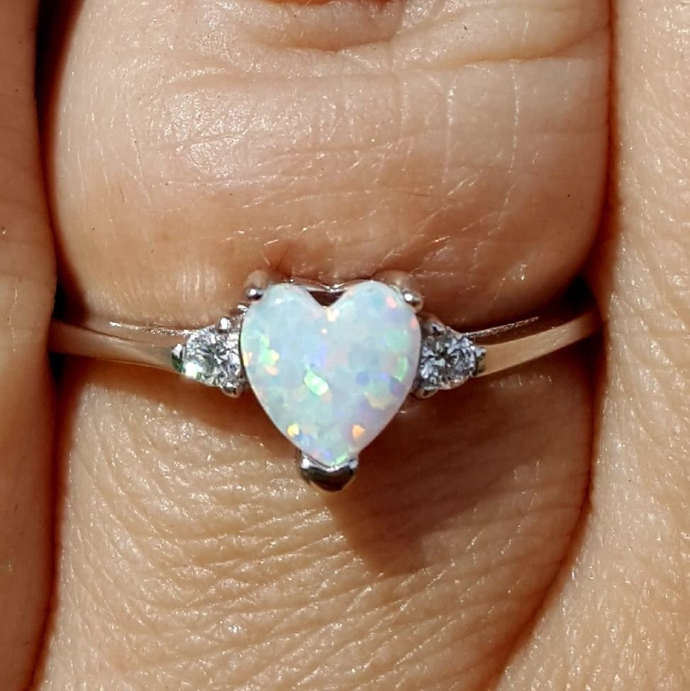 .925 Sterling Silver White Opal Heart Ring Ladies and Kids Size 3-12 Midi Knuckle Thumb 5