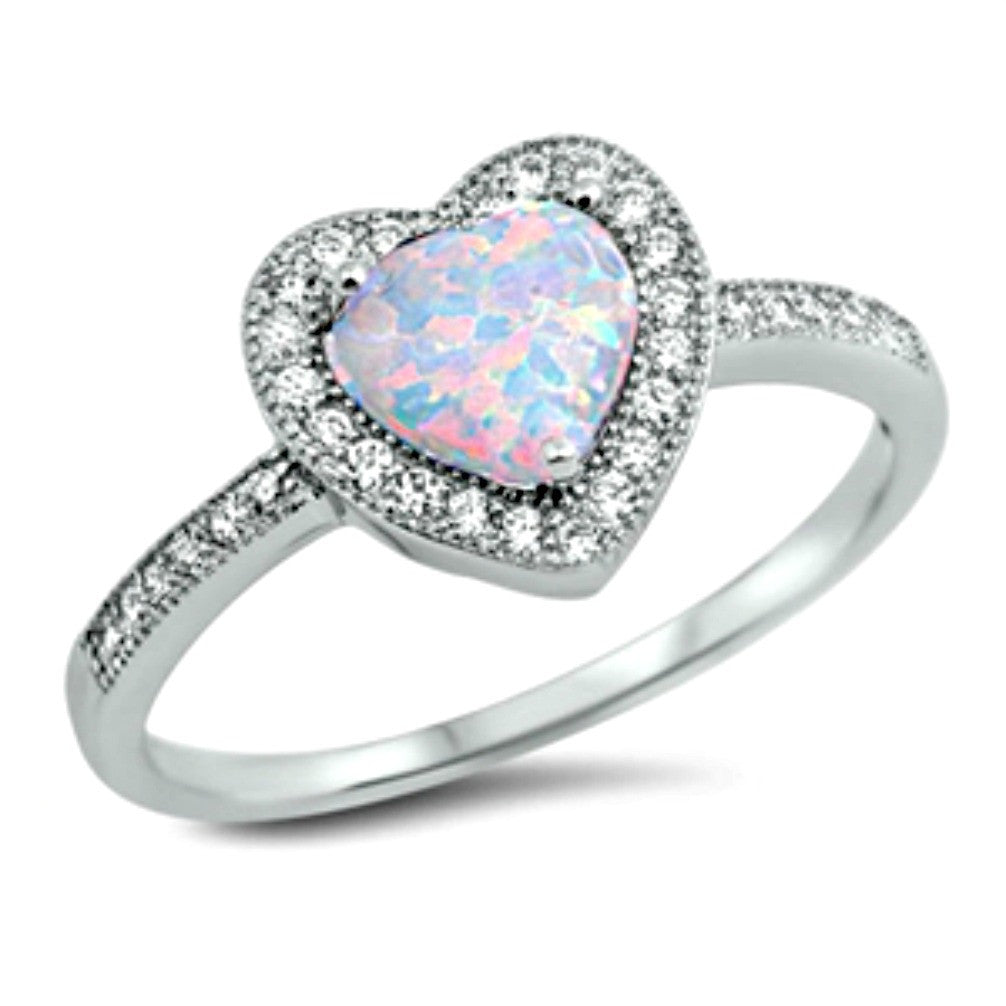 .925 Sterling Silver Halo White Fire Opal Heart Ladies Ring size 4-12